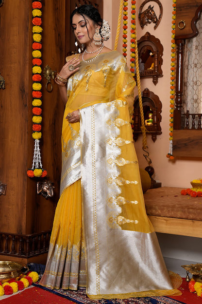 Tinu Yellow Organza Silk Saree