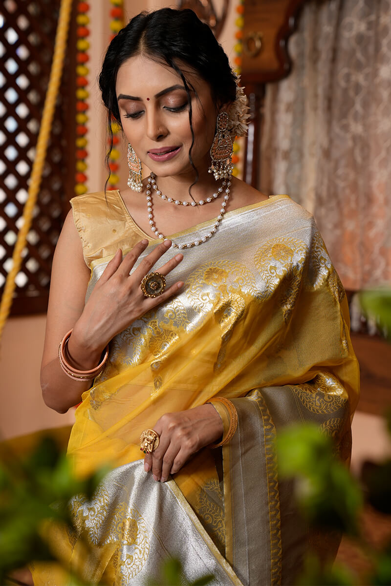 Tinu Yellow Organza Silk Saree