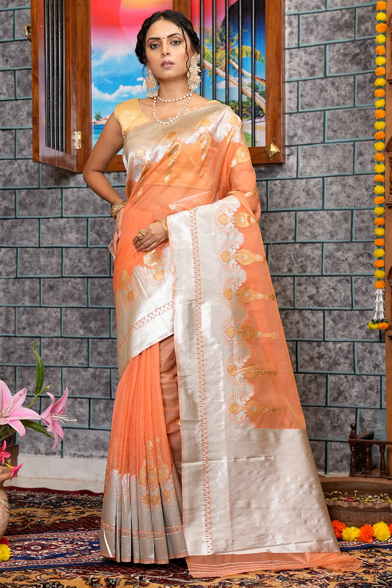 Tinu Orange Organza Silk Saree