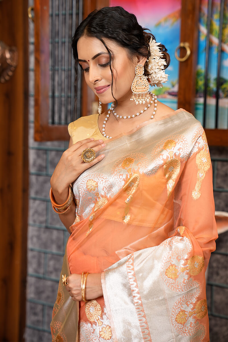 Tinu Orange Organza Silk Saree