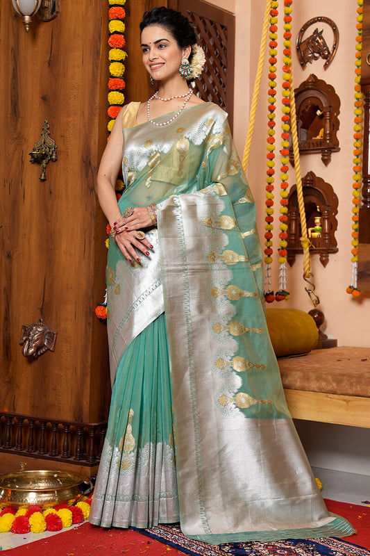 Tinu Sea Green Organza Silk Saree