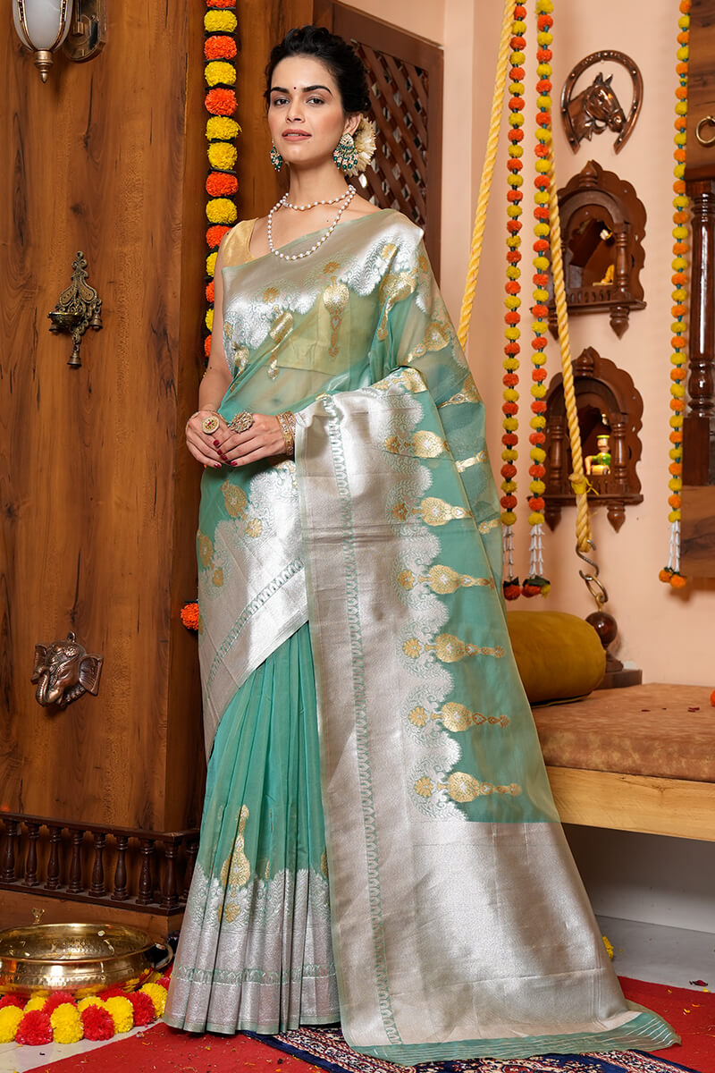 Tinu Sea Green Organza Silk Saree