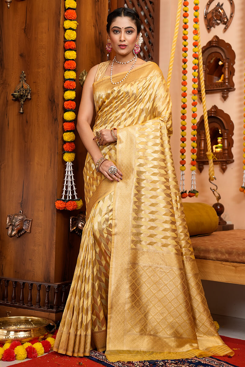 Meera Golden Organza Silk Saree With Elegant Blouse