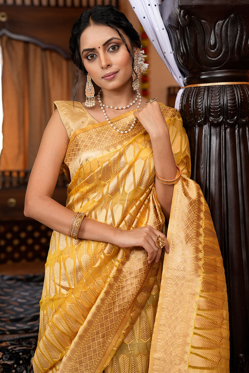 Hirva Yellow Organza Silk Saree