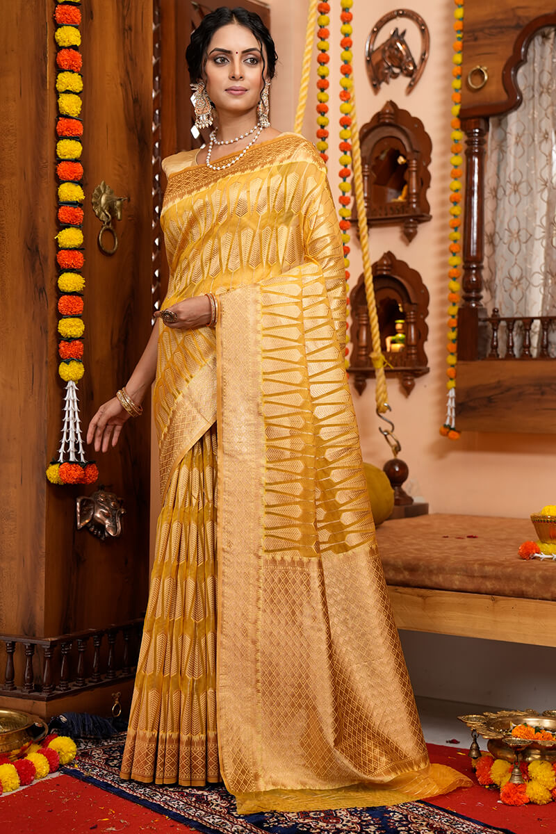 Hirva Yellow Organza Silk Saree