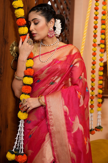 Yana Dark Pink Organza Silk Saree With Woebegone Blouse Piece