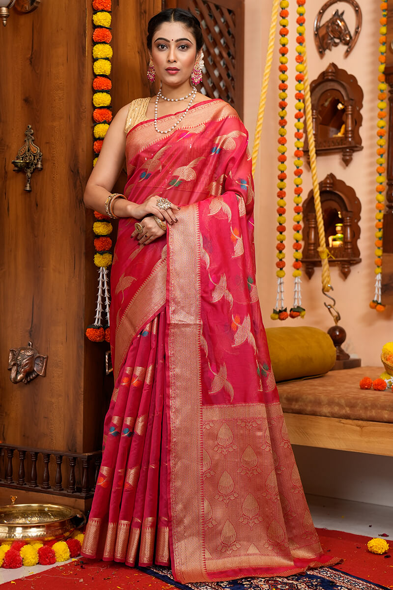 Yana Dark Pink Organza Silk Saree With Woebegone Blouse Piece