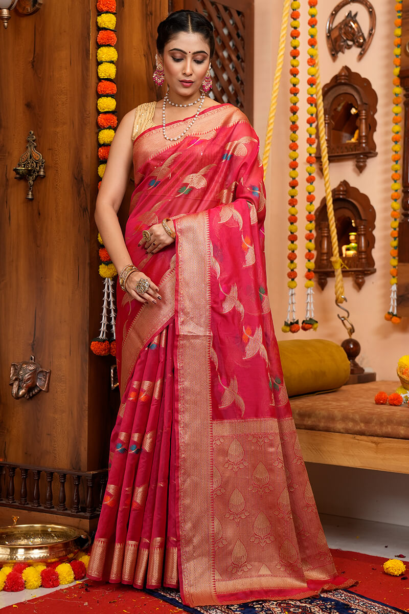 Yana Dark Pink Organza Silk Saree With Woebegone Blouse Piece