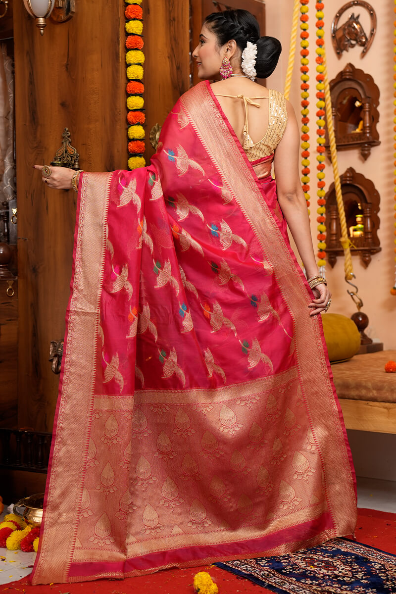 Yana Dark Pink Organza Silk Saree With Woebegone Blouse Piece