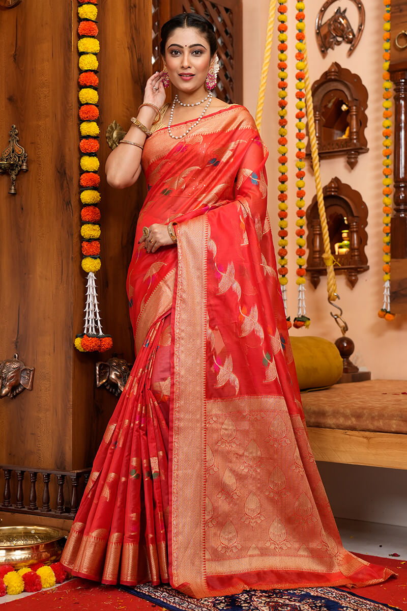 Yana Red Organza Silk Saree With Attached Blouse Piece