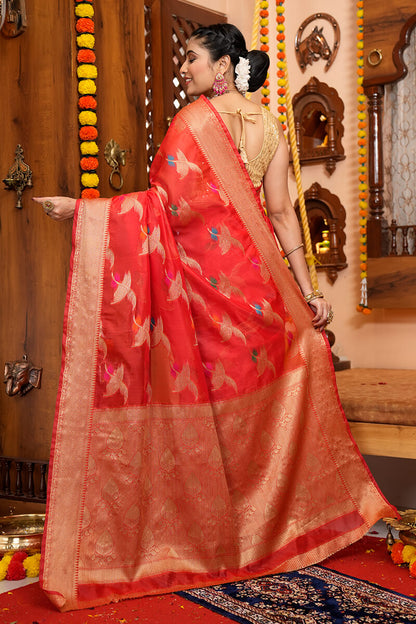 Yana Red Organza Silk Saree With Attached Blouse Piece