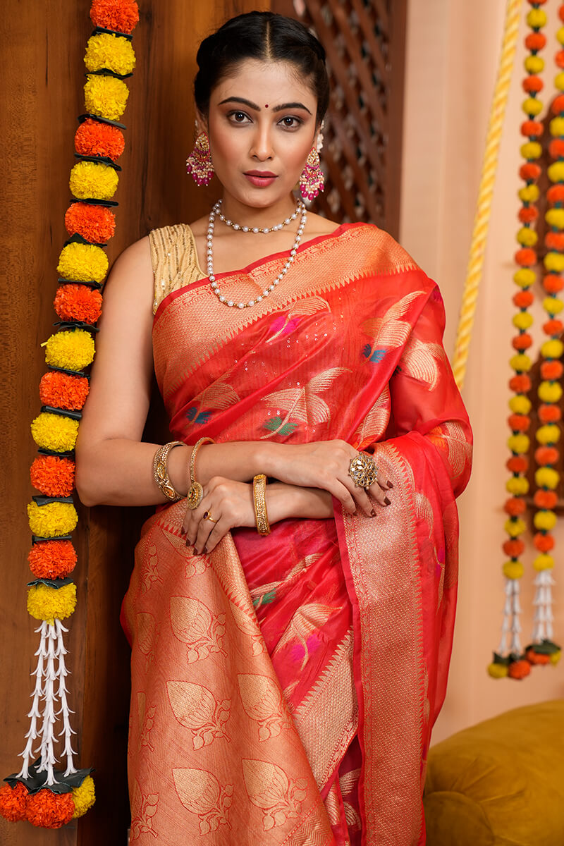 Yana Red Organza Silk Saree With Attached Blouse Piece