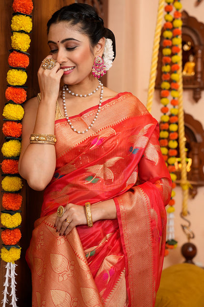 Yana Red Organza Silk Saree With Attached Blouse Piece