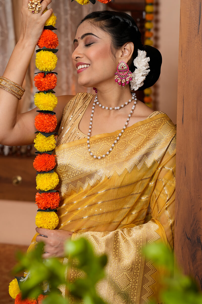 Jaya Yellow Organza Silk Saree With Attached Blouse