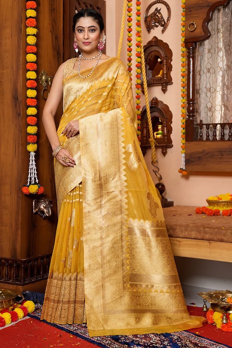 Organza Silk buy Yellow Saree