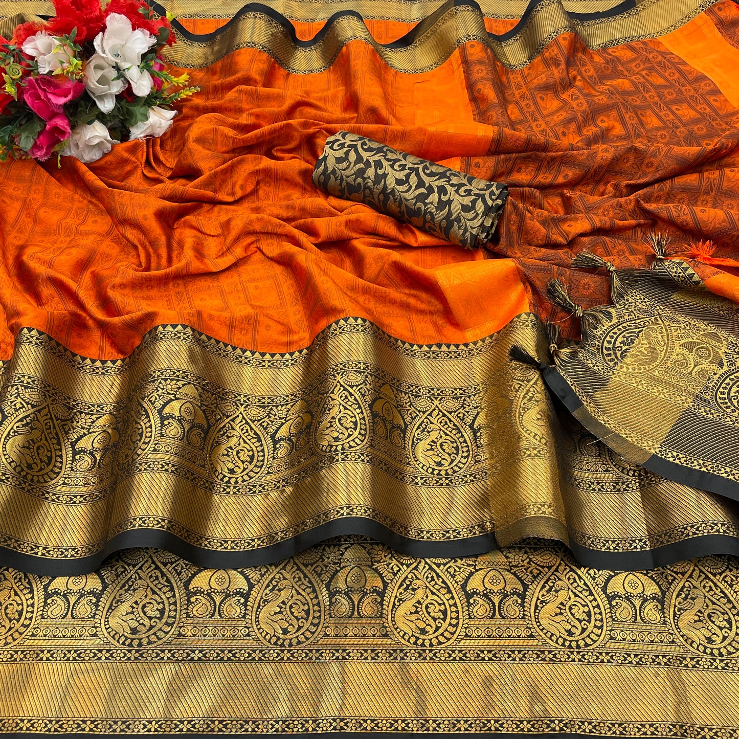 Sunena Orange Cotton Silk Saree