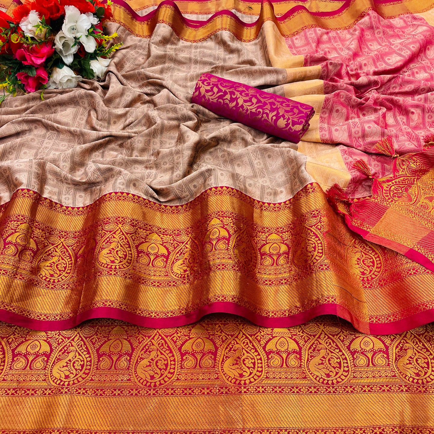 Sunena Peach Cotton Silk Saree