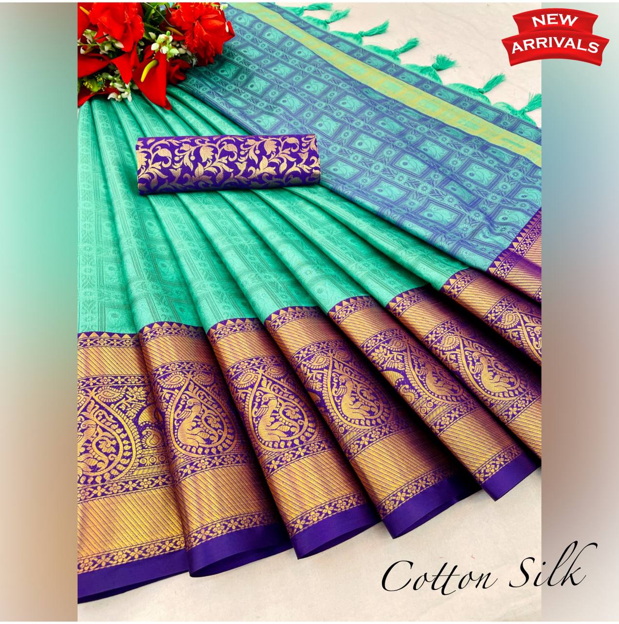 Sunena Bottol Blue Cotton Silk Saree