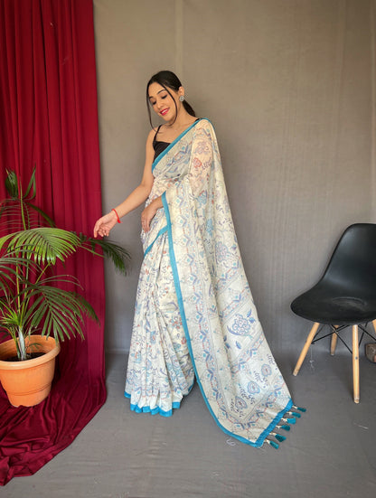 1 Min Ready to Wear Blue Cotton Katha Printed Saree