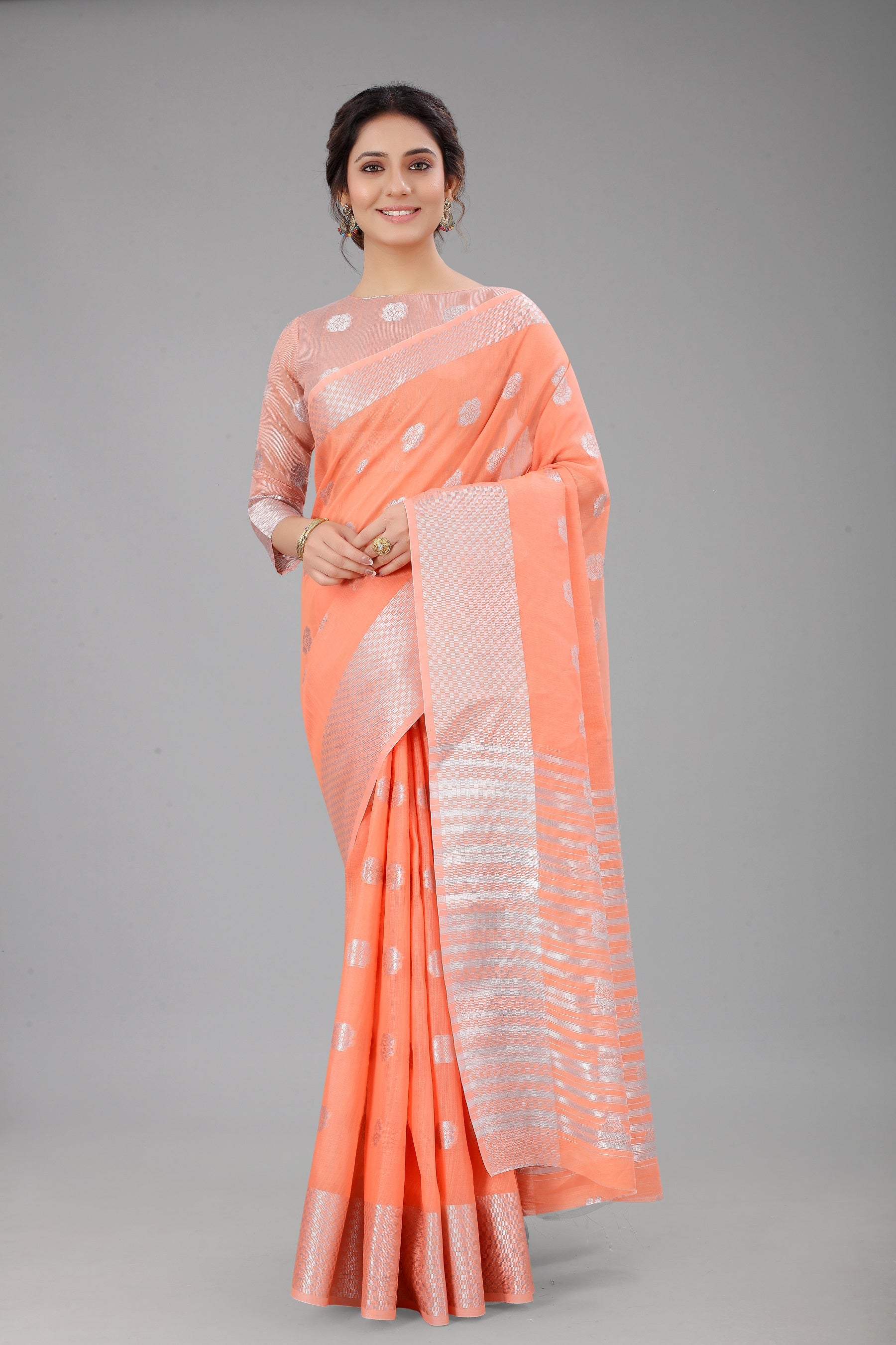 BlushPeach-Colored Cotton Silk Saree Set Complete with Matching Blouse