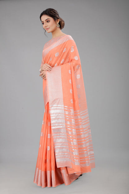 BlushPeach-Colored Cotton Silk Saree Set Complete with Matching Blouse