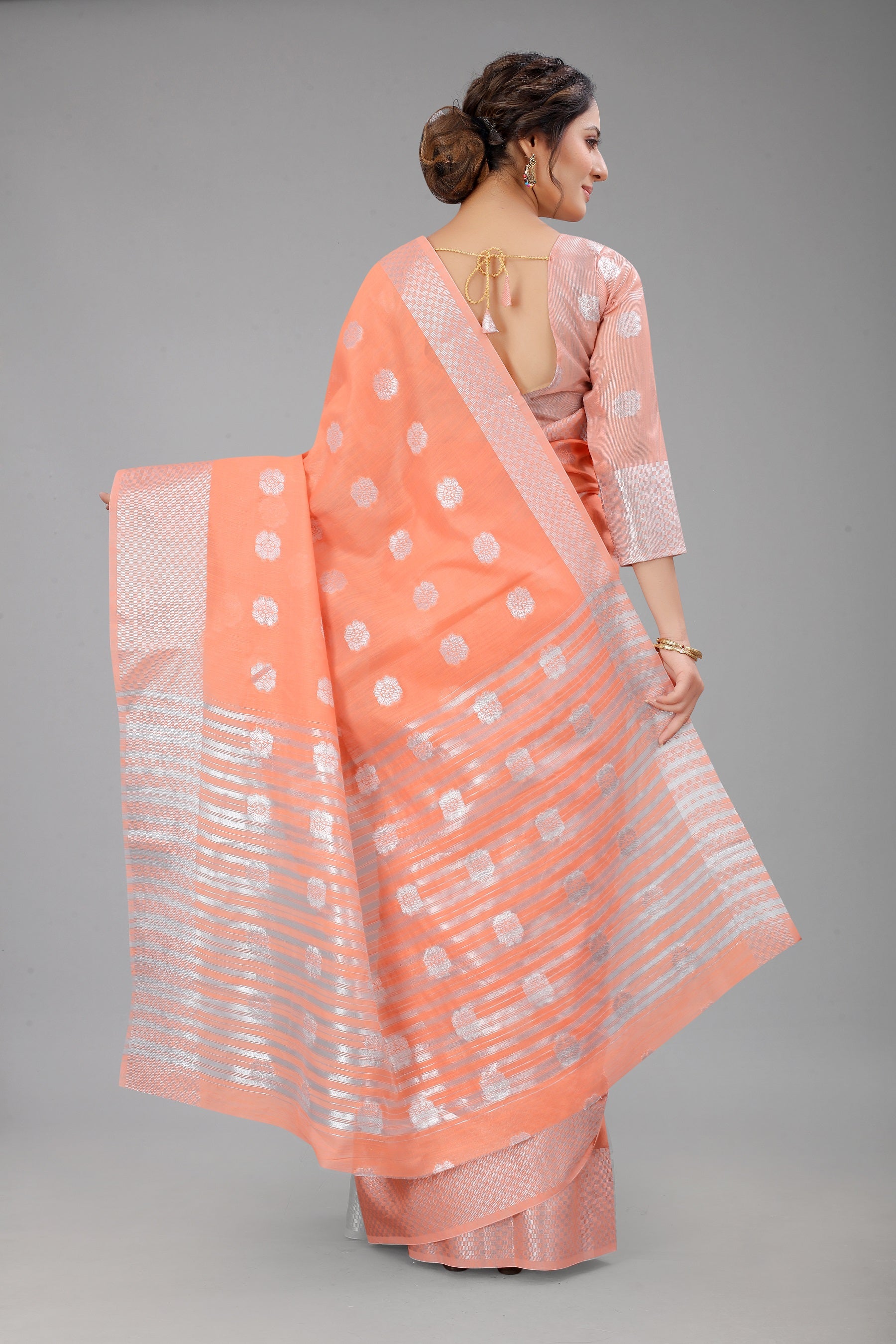 BlushPeach-Colored Cotton Silk Saree Set Complete with Matching Blouse