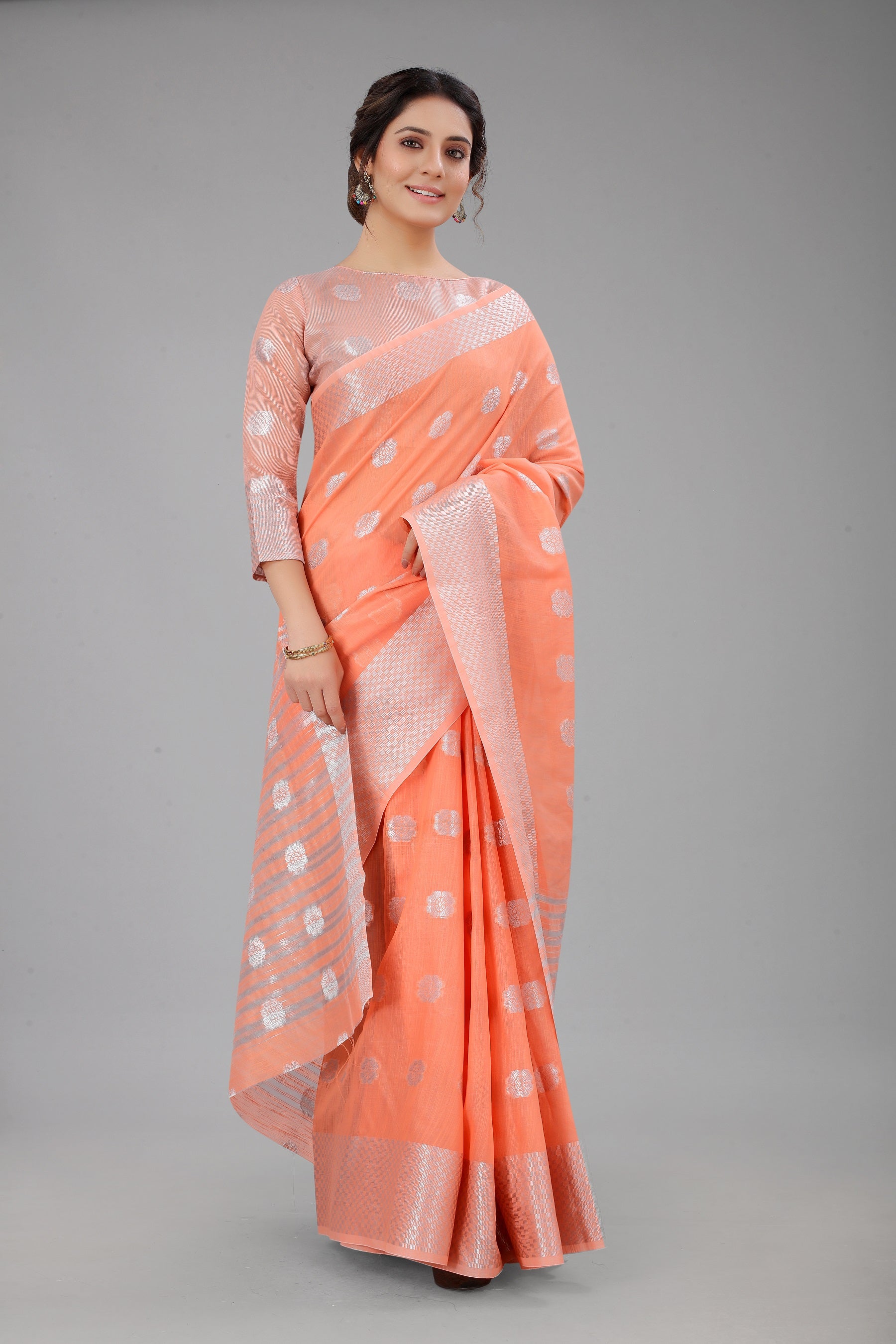 BlushPeach-Colored Cotton Silk Saree Set Complete with Matching Blouse