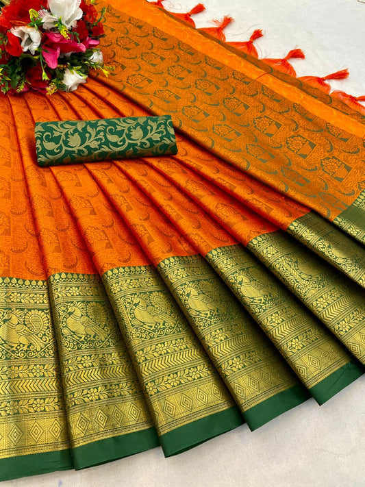 Kaya Orange Cotton Silk Saree