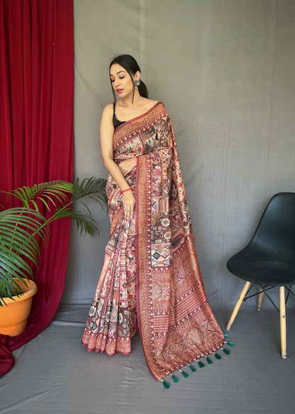 One Minute Ready to Wear Brown Ajrakh Carpet Silk Cotton Printed Saree