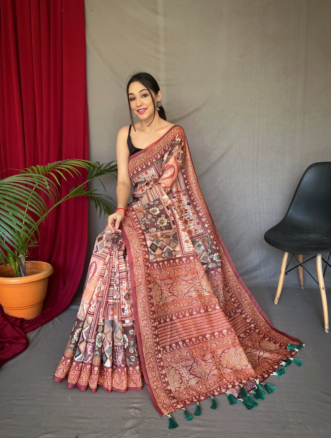 One Minute Ready to Wear Brown Ajrakh Carpet Silk Cotton Printed Saree