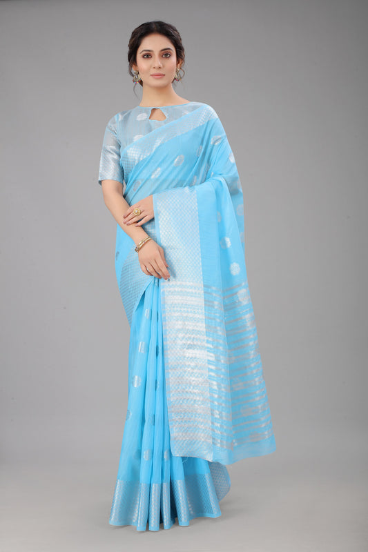 Celestialsky-Colored Cotton Silk Saree Set Complete with Matching Blouse