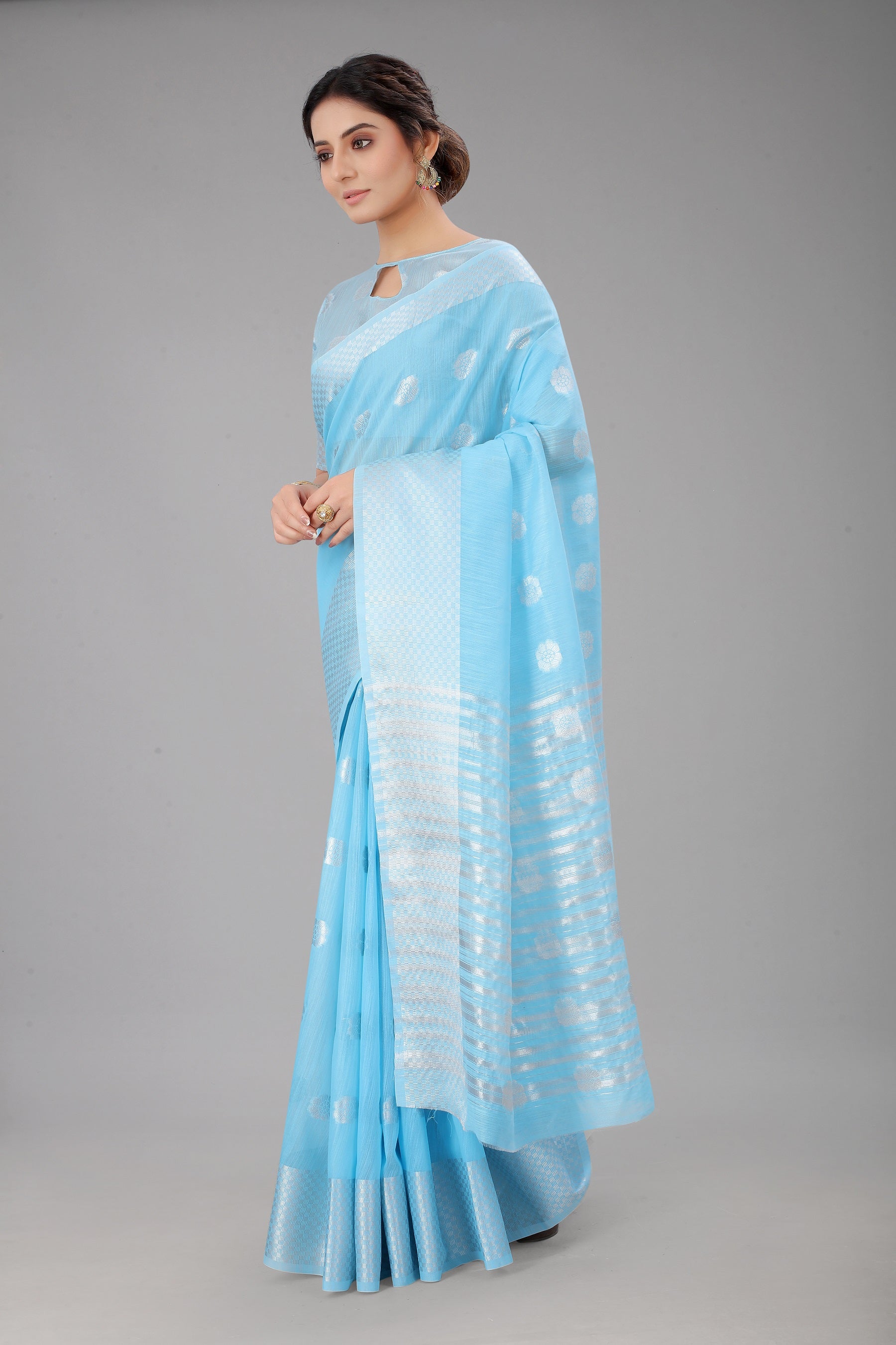 Celestialsky-Colored Cotton Silk Saree Set Complete with Matching Blouse