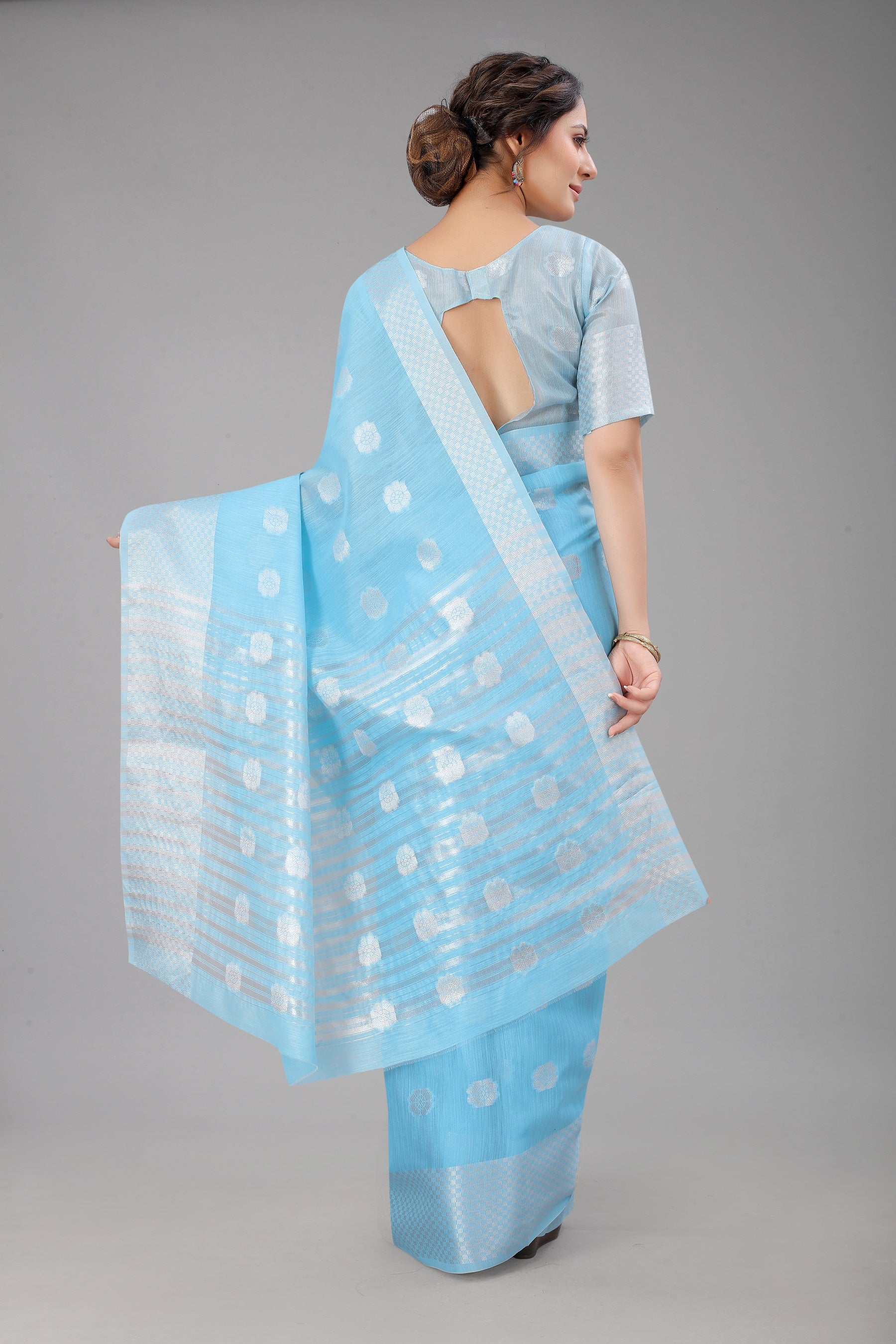 Celestialsky-Colored Cotton Silk Saree Set Complete with Matching Blouse