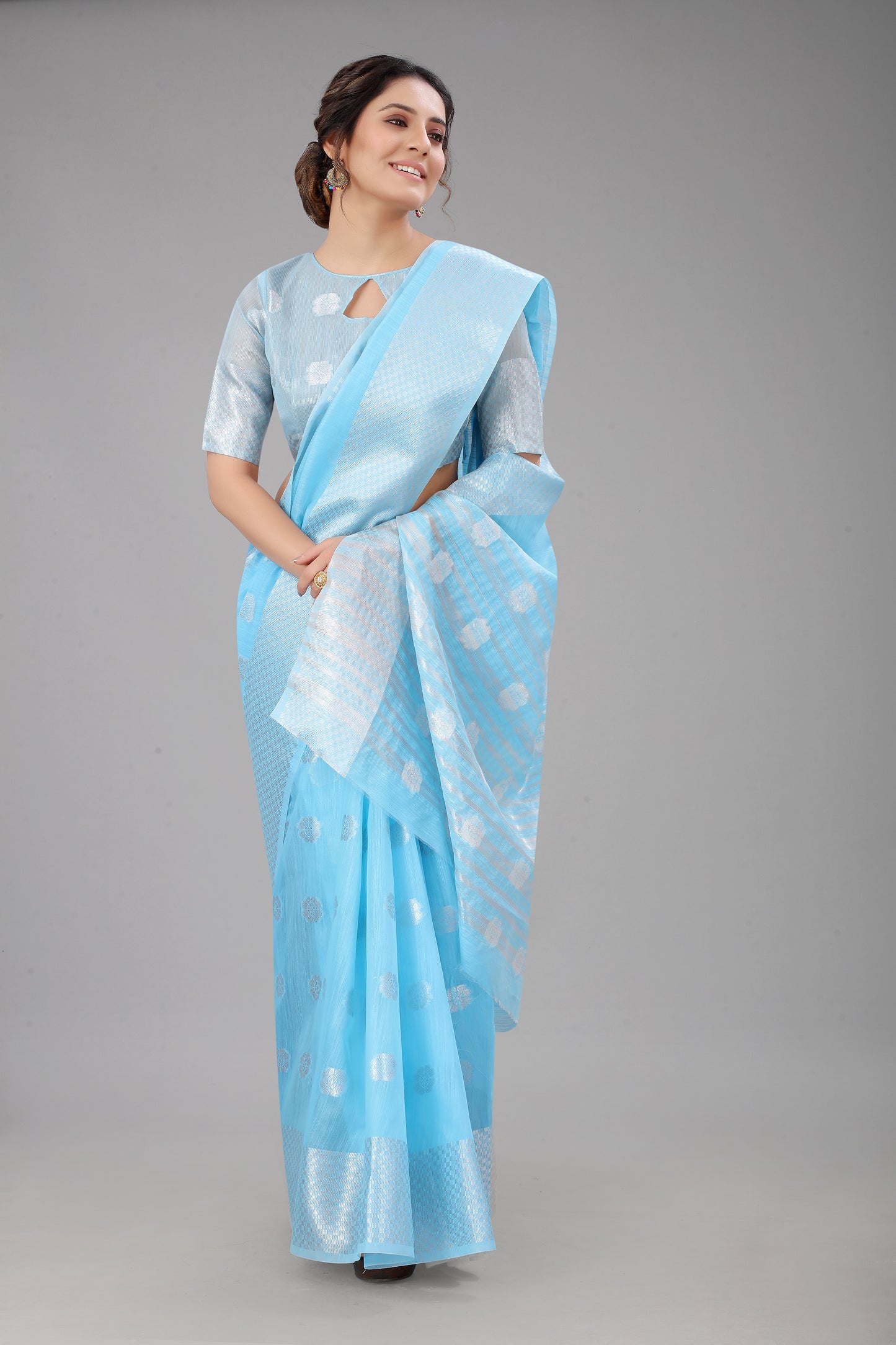 Celestialsky-Colored Cotton Silk Saree Set Complete with Matching Blouse