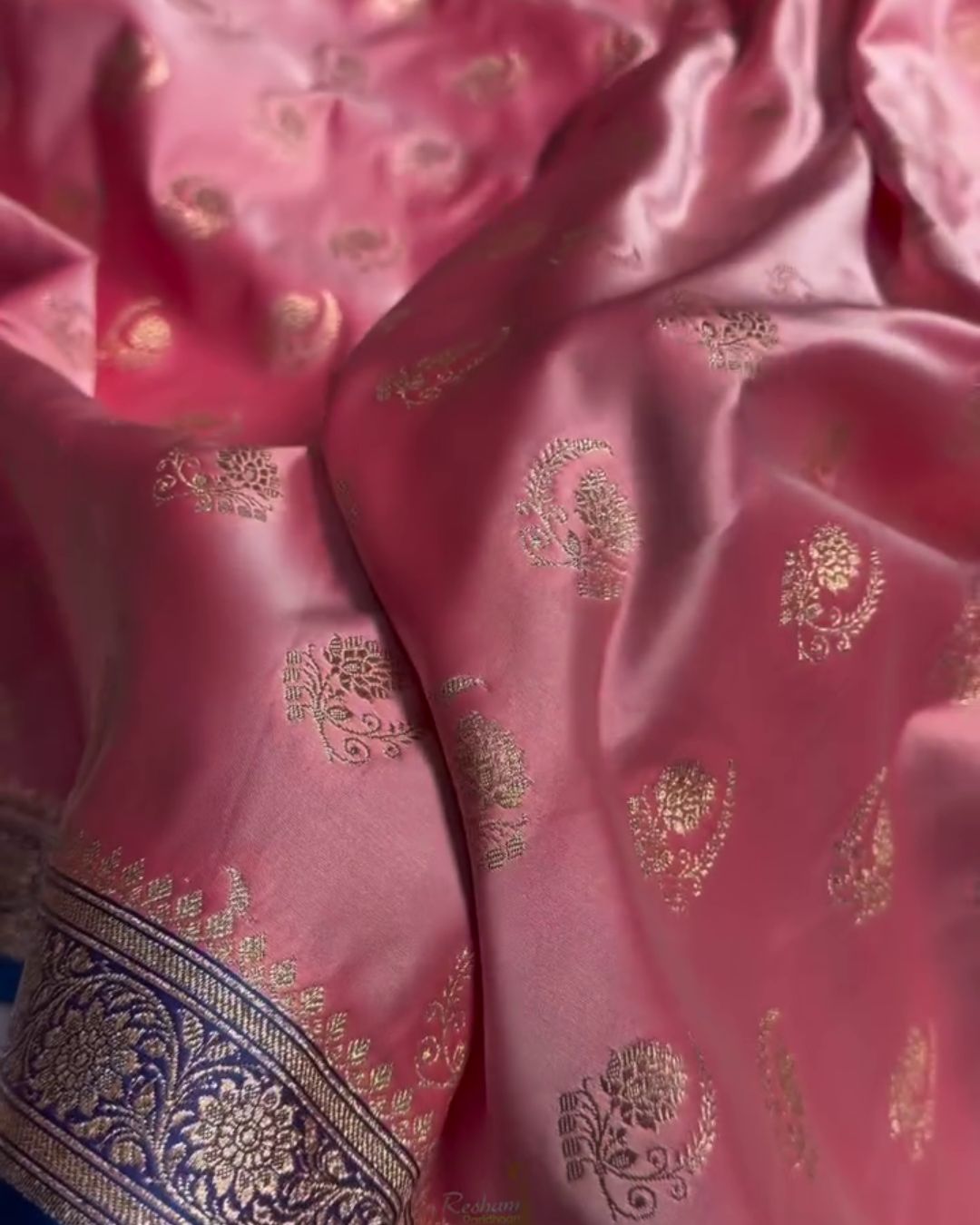 Charu - Pink Katan Silk Saree with Golden Zari Weaving and Royal Blue Border