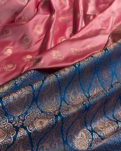 Charu - Pink Katan Silk Saree with Golden Zari Weaving and Royal Blue Border