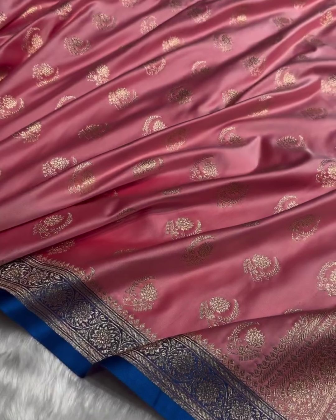 Charu - Pink Katan Silk Saree with Golden Zari Weaving and Royal Blue Border
