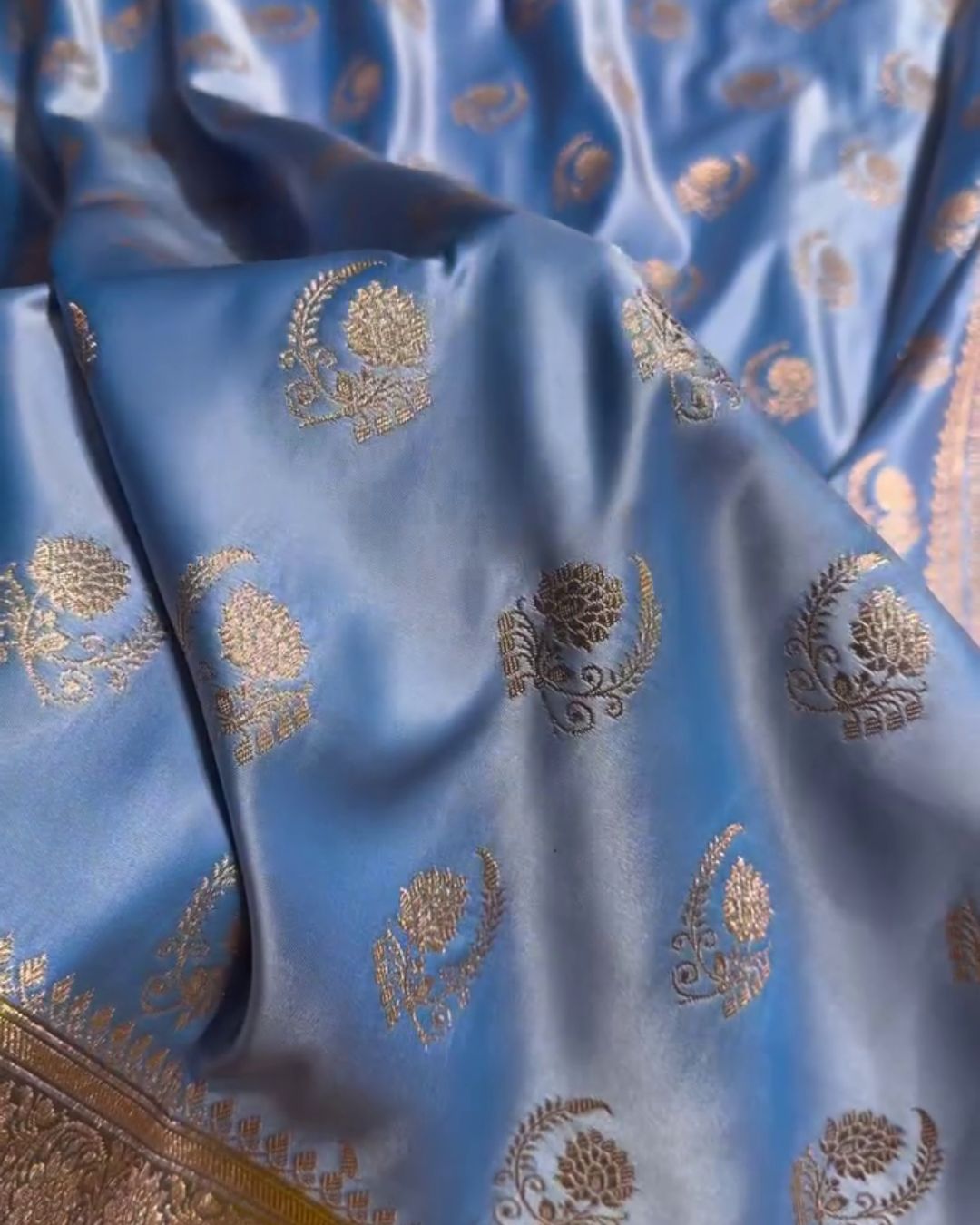 Charu - Sky Blue Katan Silk Saree with Golden Zari Weaving and Mustard Border