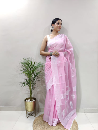 Jeel Pink Linen Cotton Saree