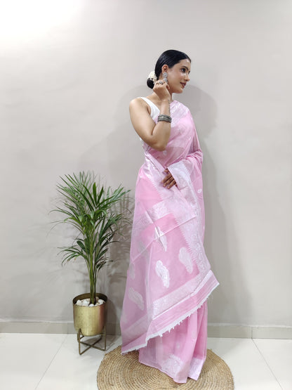 Jeel Pink Linen Cotton Saree