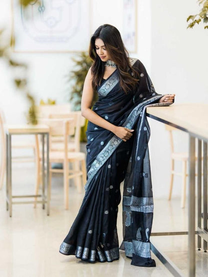 Fatima Black Linen Cotton Saree