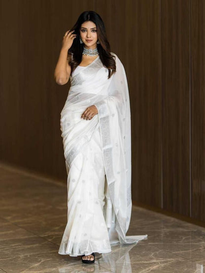 Fatima White Linen Cotton Saree