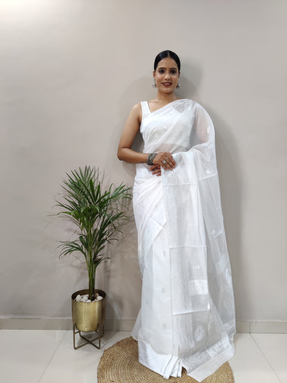 Jeel White Linen Cotton Saree