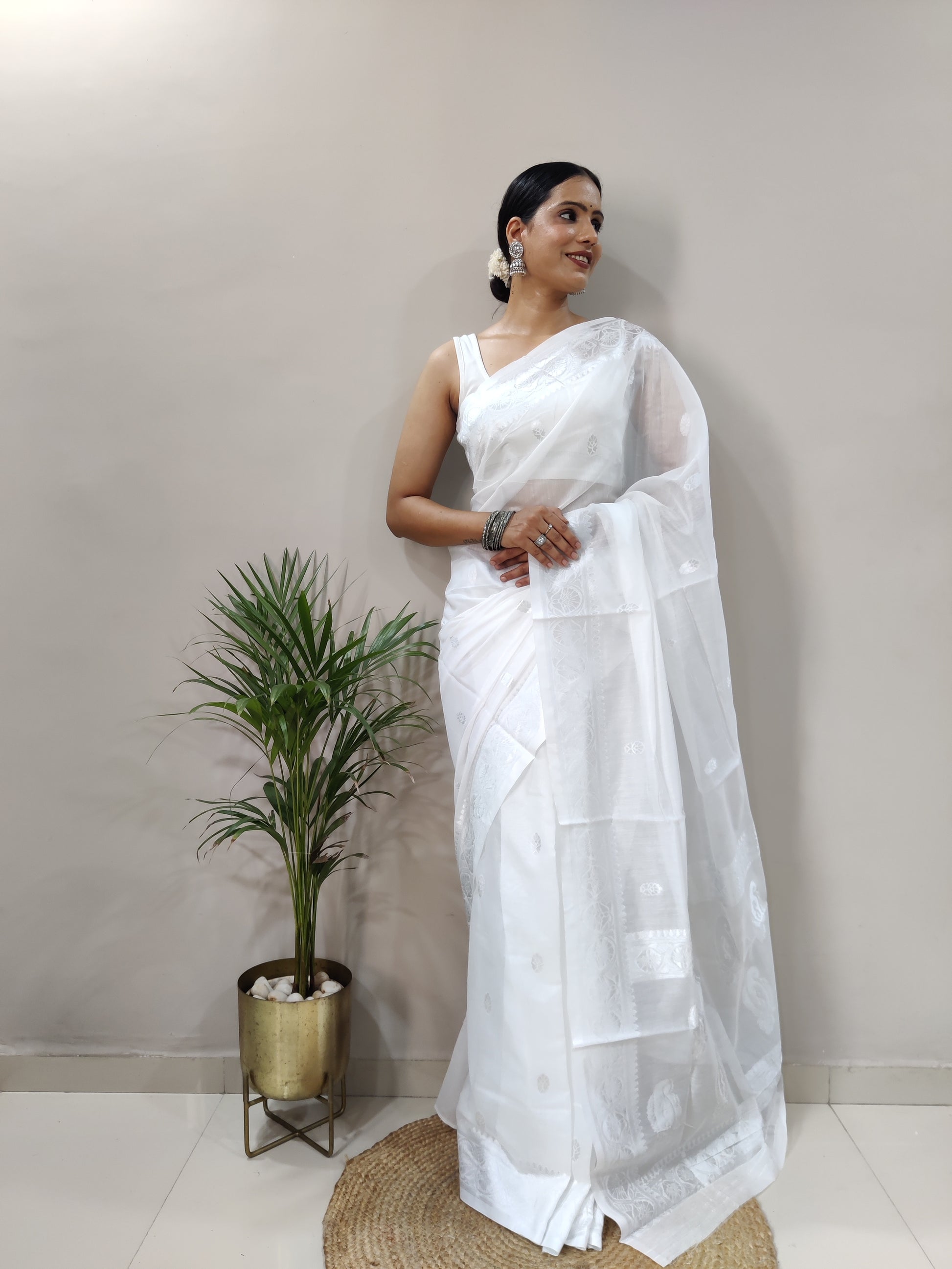 Jeel White Linen Cotton Saree