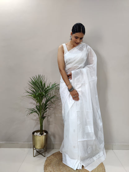 Jeel White Linen Cotton Saree