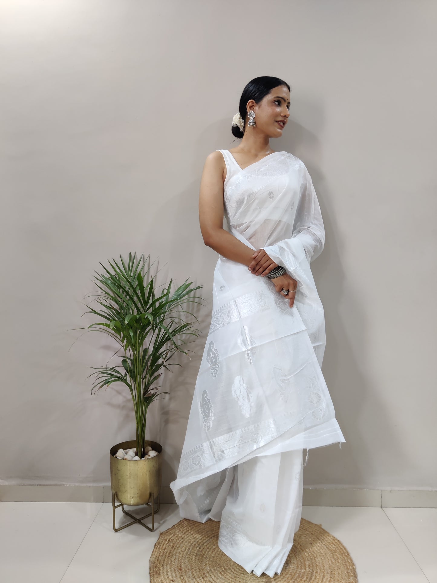 Jeel White Linen Cotton Saree