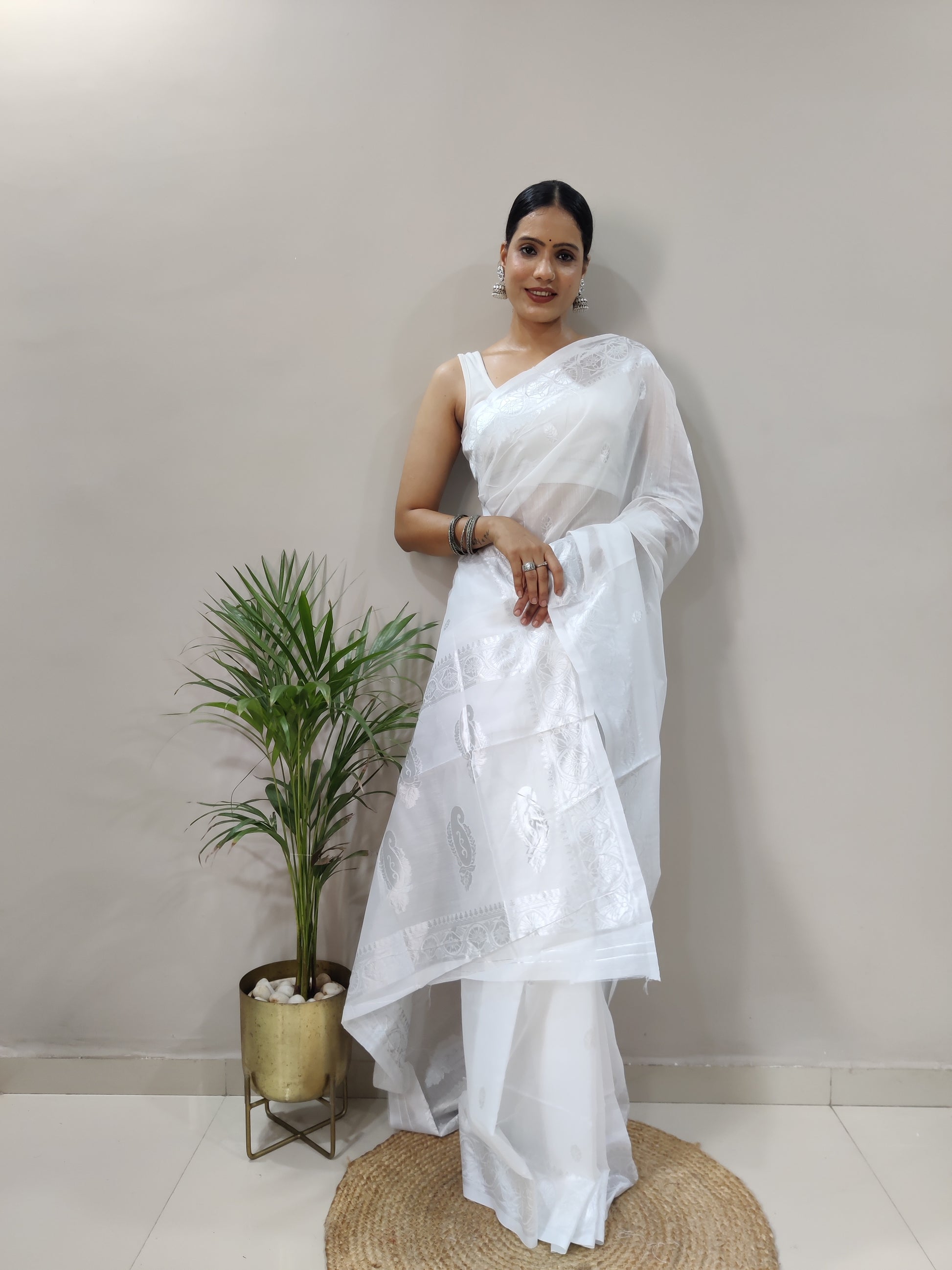 Jeel White Linen Cotton Saree