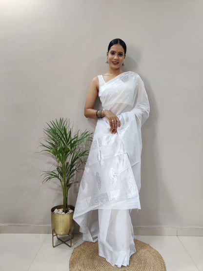 Jeel White Linen Cotton Saree