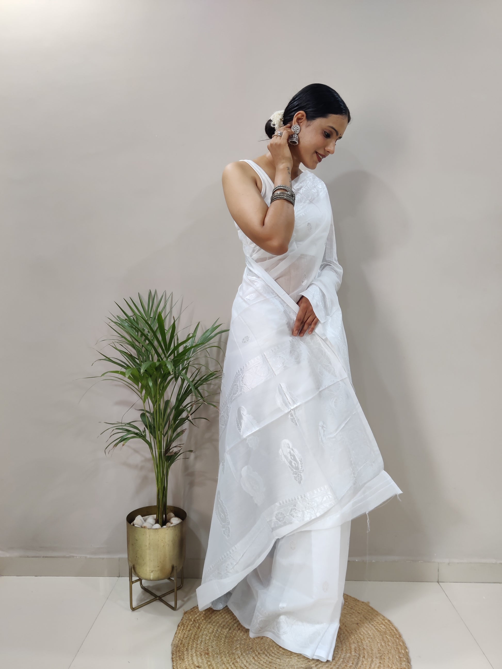 Jeel White Linen Cotton Saree