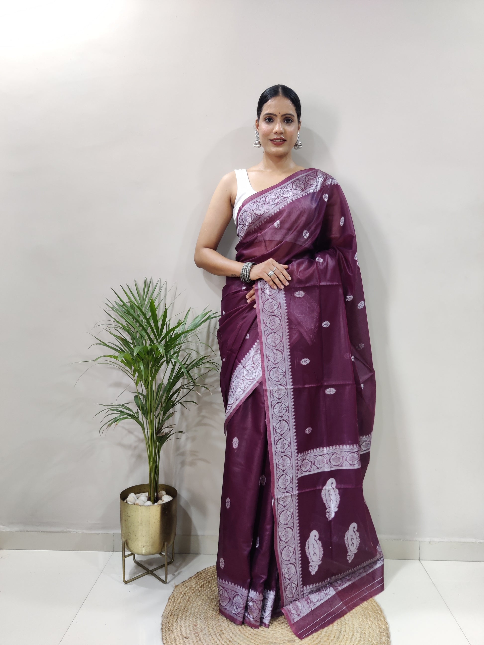 Jeel Wine Linen Cotton Saree